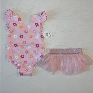 Mud Pie Toddler Girl Reversible Checkerboard Floral Tutu Swimsuit 2T 3T 4T 5T